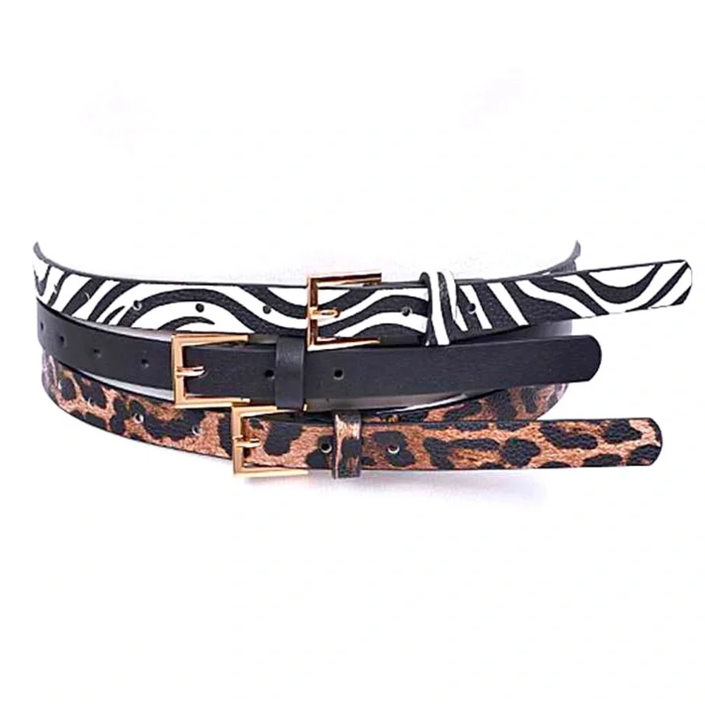 3 PC Leather Animal Print Skinny Belt Statement Set